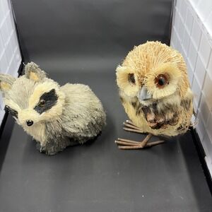 Lot Of 2 Bottle Brush Sisal Owl & Raccoon Woodland Decor